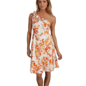 Tahari Arthur S. Levine Floral One‎ Shoulder Dress Orange White Fit & Flare Sz 8